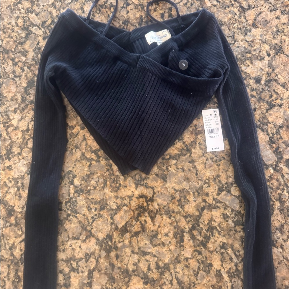 Black Ribbed Wrap Crop Top with Long Sleeves - pac Sun